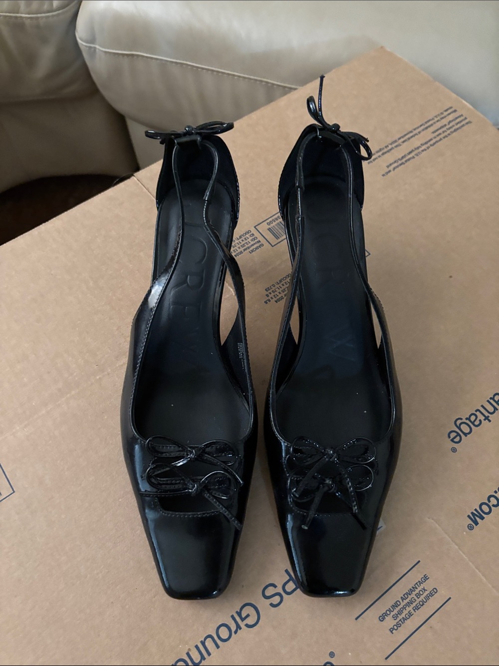 J. Crew Black Patent Square-Toe Slingback Heels with Bow